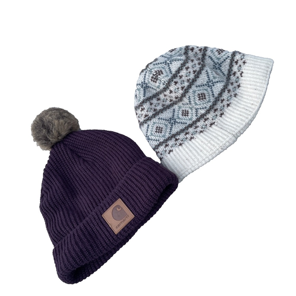 Carhartt Hat Beanies Womens One Size Lot Of 2 Purple White Knit Logo Work Winter